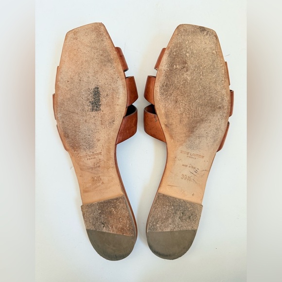 Saint Laurent Cognac Brown Leather Tribute open toe flat slide sandals EU 39.5 - Picture 8 of 11